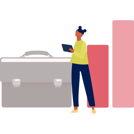 Woman standing by briefcase bag  Illustration