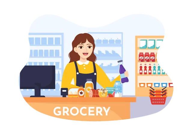Woman standing by Grocery store reception  Illustration