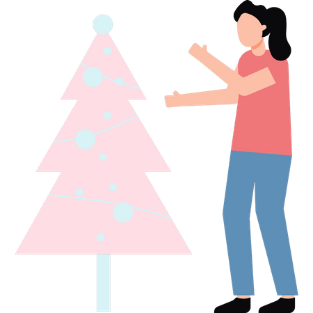 Woman standing by the Christmas tree  イラスト
