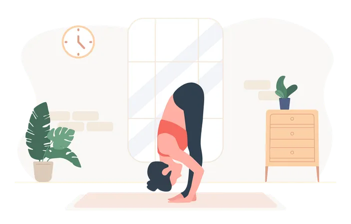 Illustration Of Woman Yoga Doing Uttanasana Pose Standing Forward Bend Exercise Head To Knees Illustration