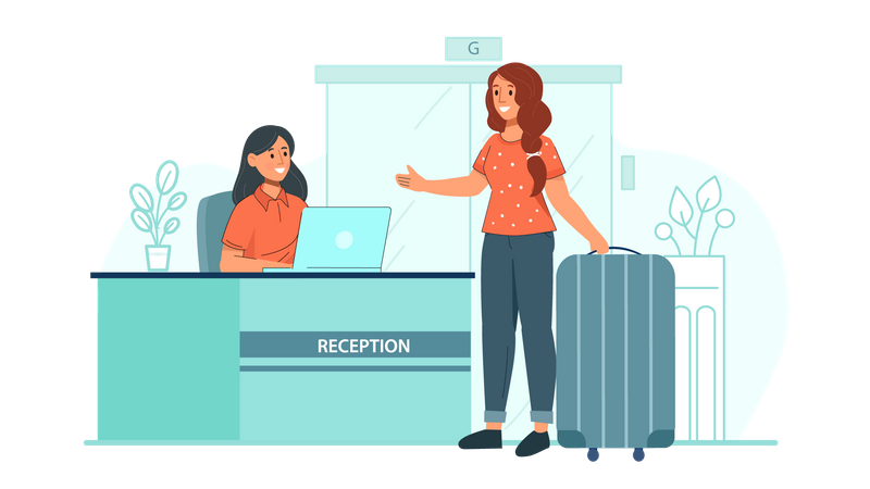 Woman standing hotel reception  Illustration