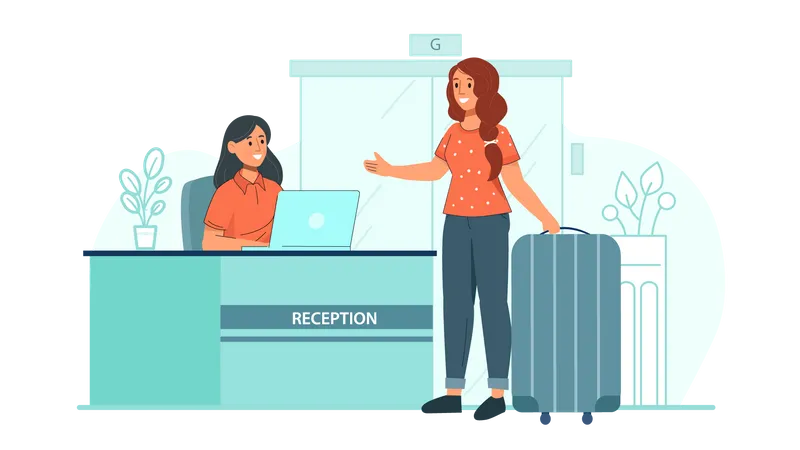 Woman standing hotel reception  Illustration