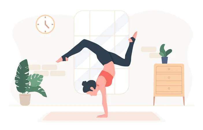 Woman standing in adho mukha vrksasana exercise  Illustration