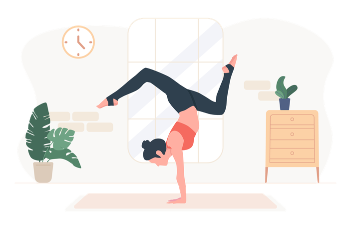 Woman standing in adho mukha vrksasana exercise  Illustration