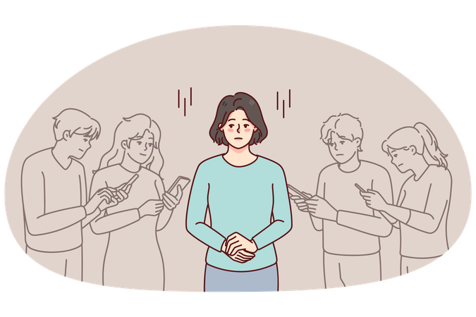 群衆の中に立ってスマートフォンを使う女性  イラスト