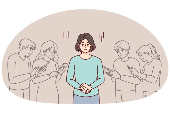 群衆の中に立ってスマートフォンを使う女性  イラスト