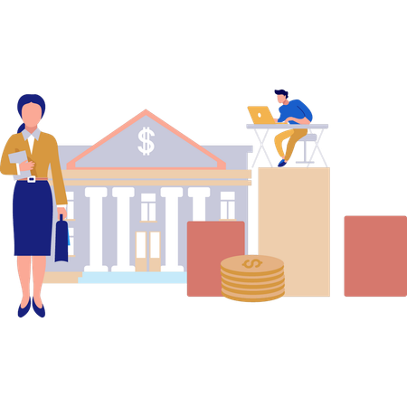 Woman standing in front of bank building  Illustration
