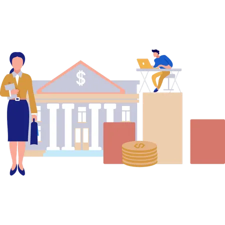 The Girl Is Standing In Front Of The Bank Building Illustration
