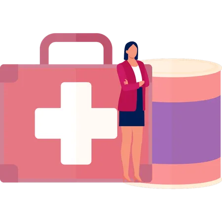 The Girl Is Standing In Front Of Emergency Healthcare Box Illustration