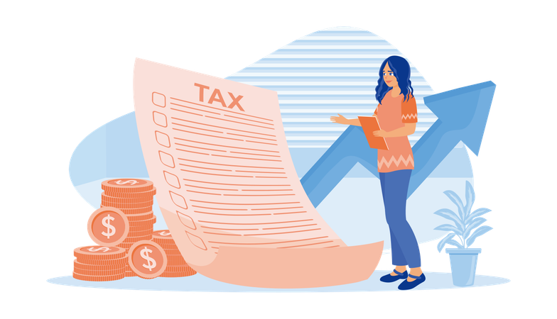 Woman standing in front of tax documents  Illustration