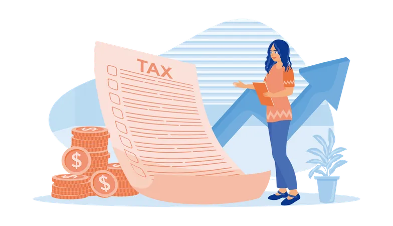 Woman standing in front of tax documents  Illustration