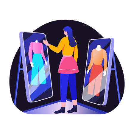Woman standing in front of tech screens depicting digital fashion  Illustration