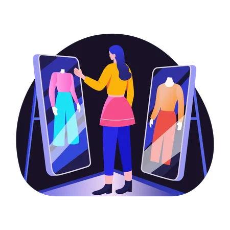 Woman standing in front of tech screens depicting digital fashion  Illustration