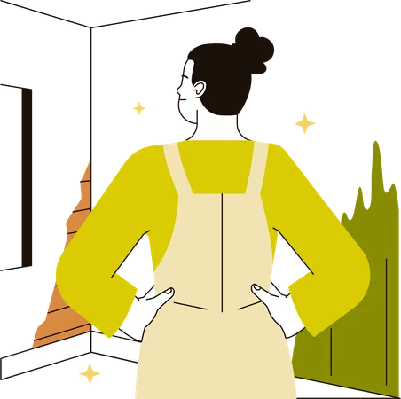 Woman standing in old shabby room ready for construction works  Illustration