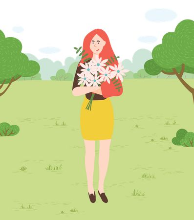 Woman standing in park holding flower  イラスト