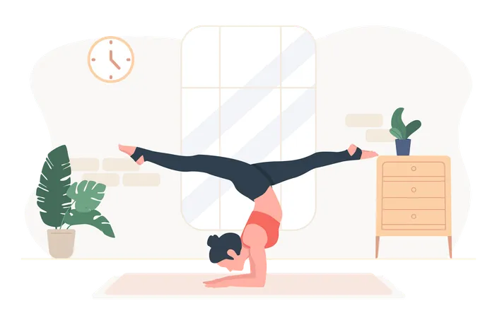 Illustration Of Woman Yoga Doing Handstand Pose Standing In Variation Of Pincha Mayurasana Exercise Illustration
