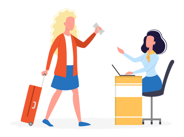 Woman standing in the airport at check-in counter  Illustration