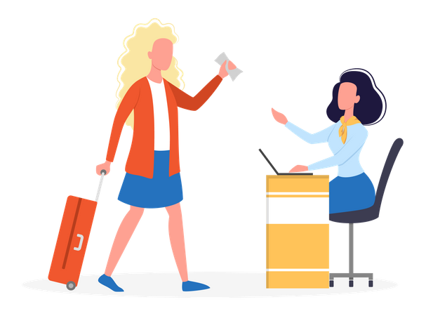 Woman standing in the airport at check-in counter Illustration