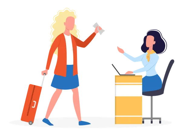 Woman standing in the airport at check-in counter  Illustration