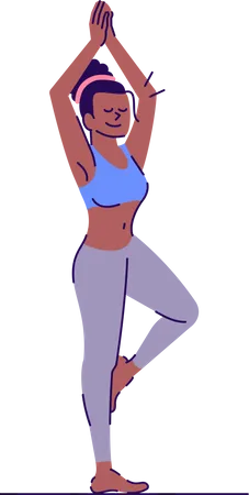 Girl Doing Yoga Flat Vector Illustration Vrikshasana Fitness Training Young African American Woman Standing In Tree Pose Isolated Cartoon Character With Outline Elements On White Background Illustration