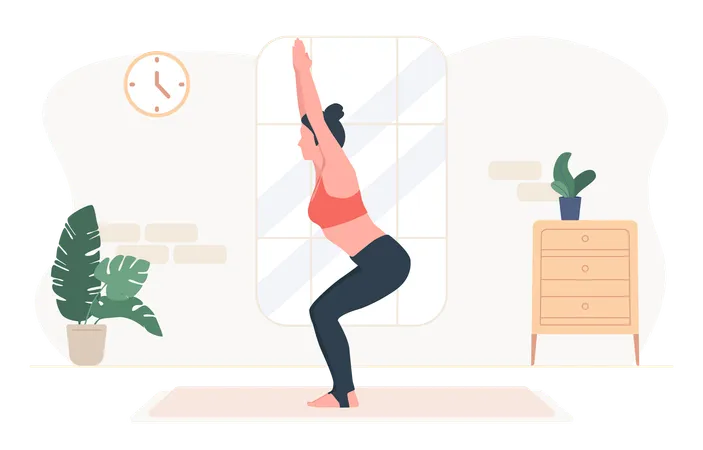 Illustration Of Woman Yoga Doing Chair Pose Standing In Utkatasana Exercise Illustration