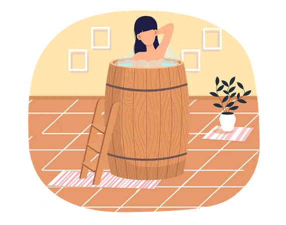 Young Woman Standing In Wooden Tub Bathhouse Or Banya Interior Design Girl In Barrel Made Of Wood Is Resting In Sauna Female Character In Hot Steam Person Is Cleaning Skin Putting Hand Behind Head Illustration