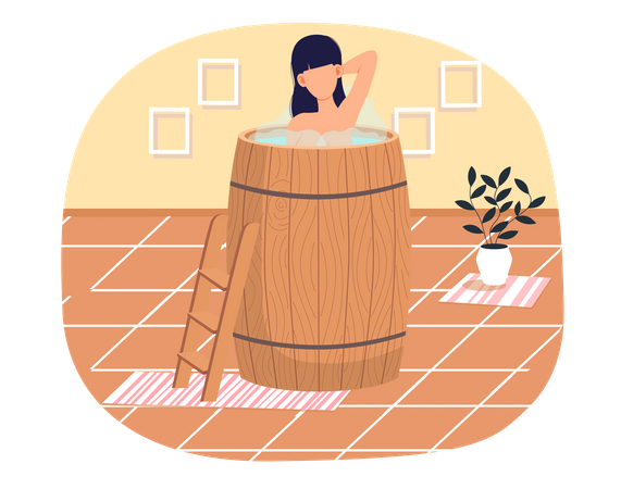 Woman standing in wooden tub  Illustration