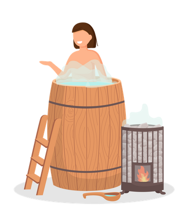 Woman standing in wooden tub with hot water  Illustration