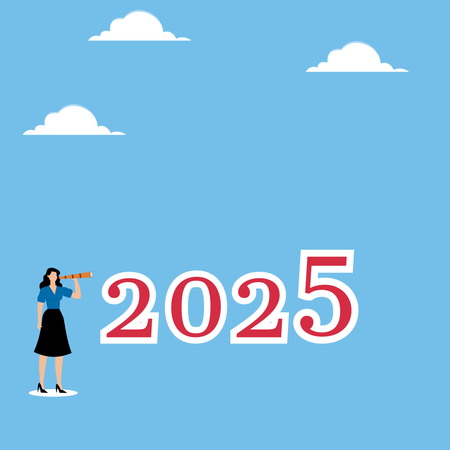 Woman standing near 2025 and looking through binoculars  Illustration