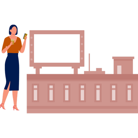 Woman standing near black ad board  Illustration