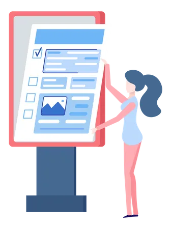 Month Planning To Do List Time Management Woman Is Standing With Schedule And Working With Data Near Large Clip Board Planning And Task Management Online Survey Form With Marks In Questionnaire Illustration