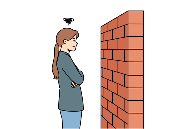 Woman standing near brick barrier and insurmountable obstacle when trying to solve problems  イラスト