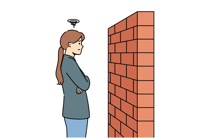 Woman standing near brick barrier and insurmountable obstacle when trying to solve problems  イラスト