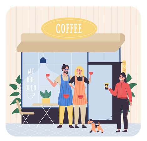 Woman standing near coffee shop  Illustration