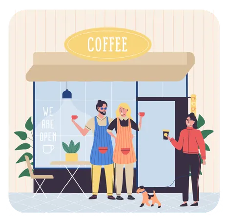 Woman standing near coffee shop  Illustration