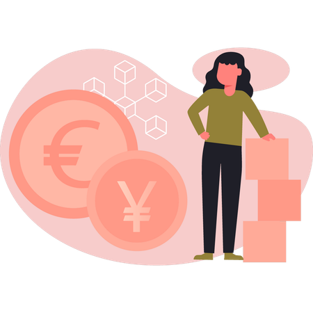 Woman standing near crypto currency  Illustration