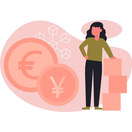 Woman standing near crypto currency  Illustration