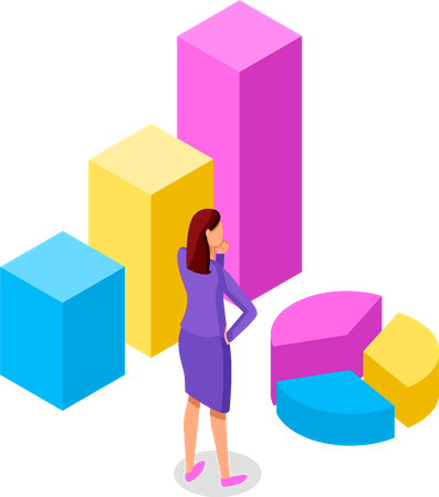 Woman standing near diagram consisting of vertical color rectangular bar and pie chart  Illustration