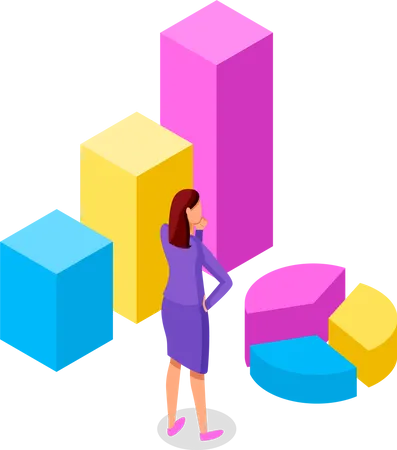Woman standing near diagram consisting of vertical color rectangular bar and pie chart  Illustration