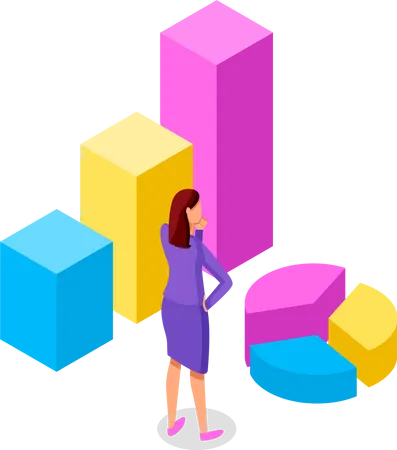 Woman Standing Near Diagram Consisting Of Vertical Color Rectangular Bar And Pie Chart  Illustration