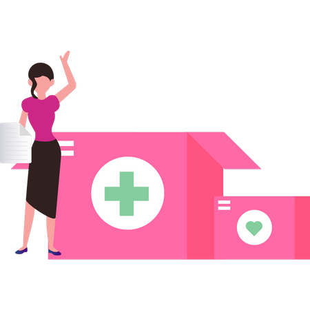 Woman standing near donation box  Illustration