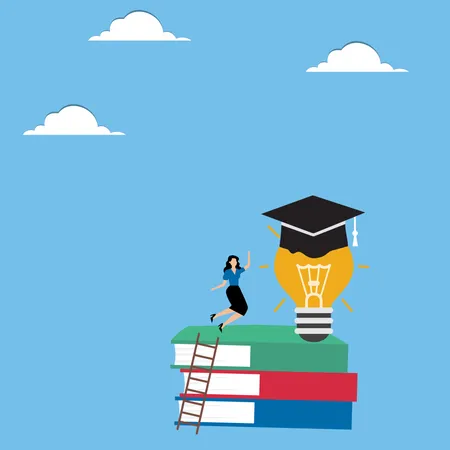 Woman standing near light bulb in academic hat  Illustration