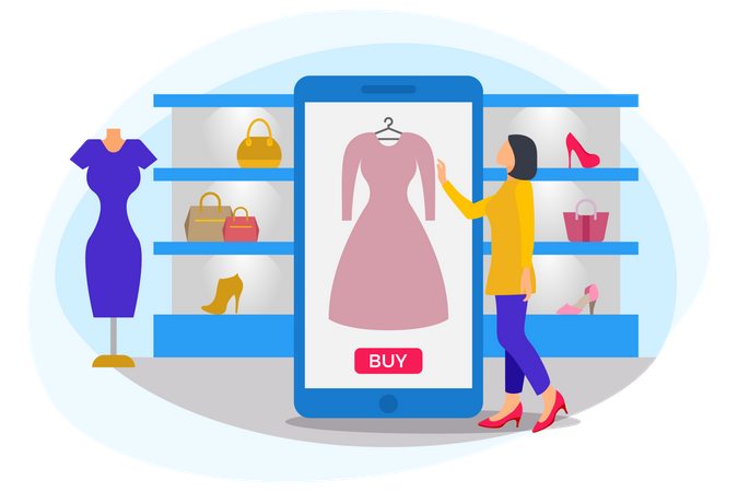 Woman standing near mobile buying clothes and dress up kit  Illustration