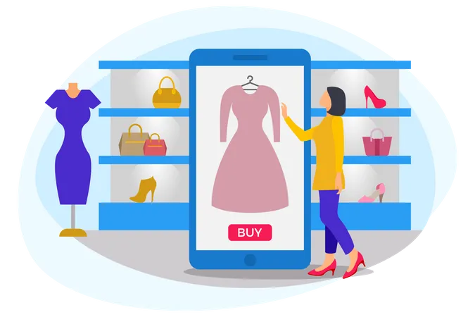 Woman standing near mobile buying clothes and dress up kit  Illustration