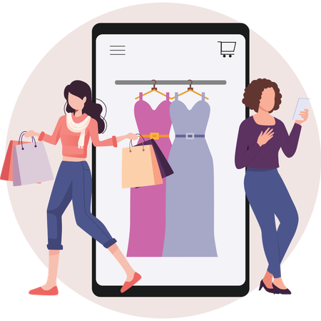 Woman standing near mobile buying clothes and dress up kit  Illustration