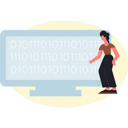 モニターコーディングの近くに立っている女性  イラスト