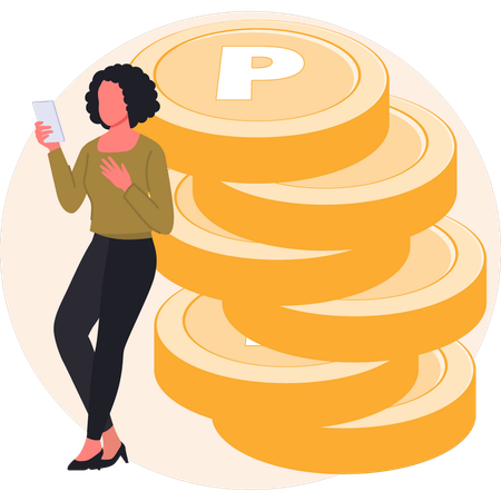 Woman standing near penny coin  Illustration