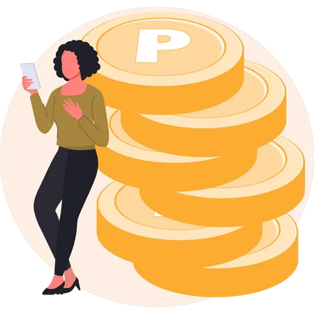 Woman standing near penny coin  Illustration