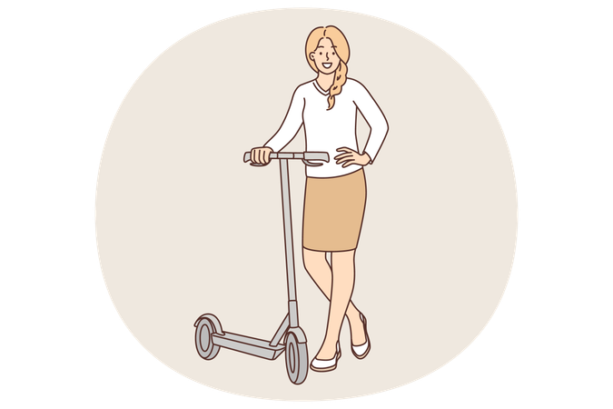 Woman standing near scooter and smiles and offers use alternative transport there to get to work  Illustration