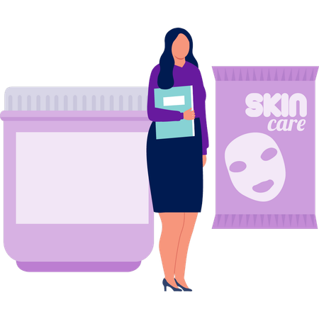 Woman standing near skin care mask  Illustration